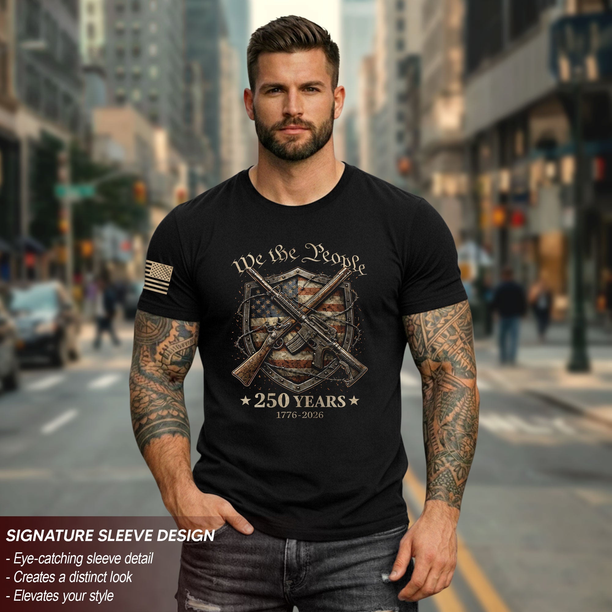 USA 250th Anniversary 250 Years Shirt 1776-2026 We The People Shield Rifles Patriotic Mental Iron Will